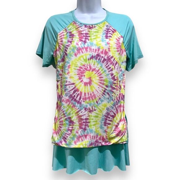 LANDS END Two Piece Modest Swimsuit Shirt and Swim Skirt Tie Dye Blue Size 14-16 - Picture 1 of 15
